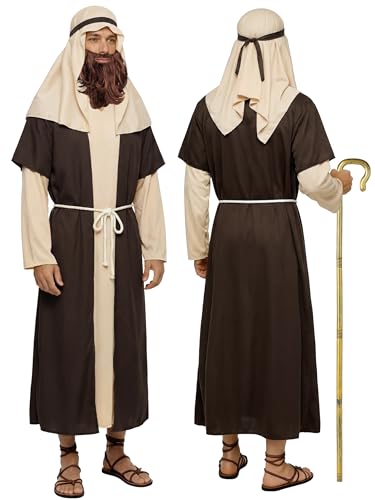 SOMSOC Mens Biblical Saint Joseph Sherherd Costume Jesus Robe Costume Beard Staffs Headwrap Hat Waist Rope Set - size: Large