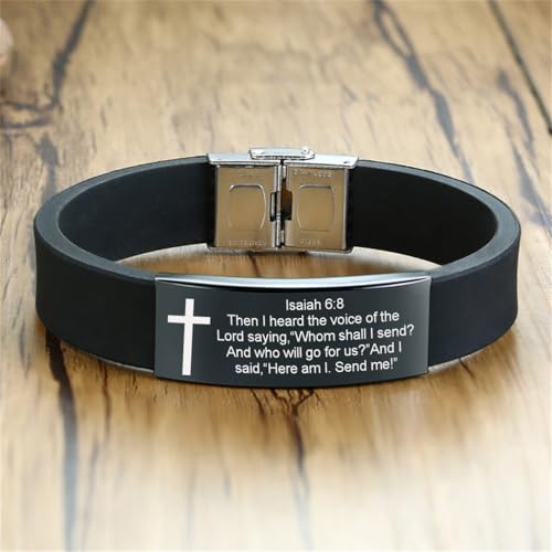 Bible Verse Isaiah 6:8 Bracelets - 2Pcs Inspirational Isaiah 6 8 Cuff Bracelet with Cross Symbol Christian Jewelry Silicone Wristband with Bible Quote For Men Women - color: Black+Blue