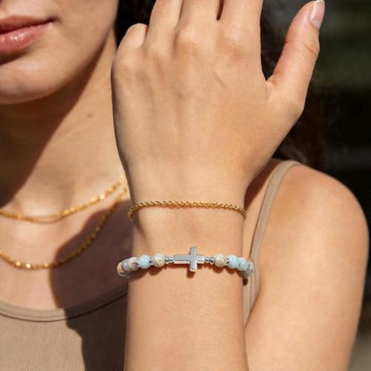 Natural Stone Stretch Bracelet for Women - Holy Water Elastic Cross Bracelet | Christmas Christian Baptism Gift, Meaningful Gifts, Unique Gift for Friends Mom Daughter Sister - style: cross- Pray on it