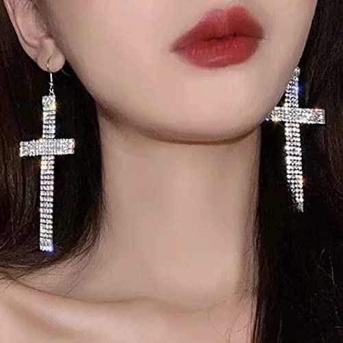 Wekicici Rhinestone Cross Drop Earrings - Fashion Tassel Hoop Earrings with Crystal Cross Design - Accessories for Women