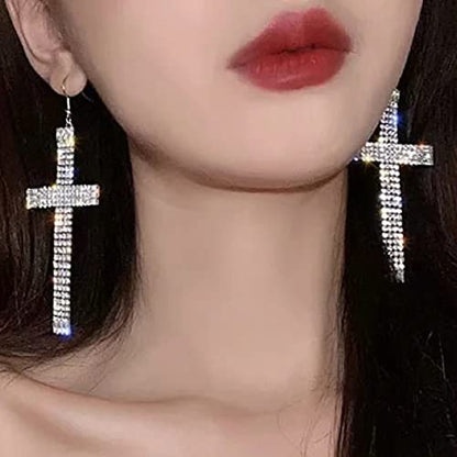 Wekicici Rhinestone Cross Drop Earrings - Fashion Tassel Hoop Earrings with Crystal Cross Design - Accessories for Women