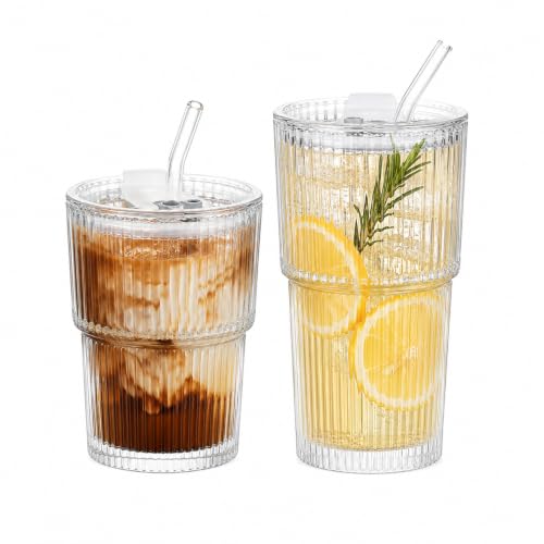 Ribbed Glass Tumbler Drinking Glasses with Lids & Straws, Leak-Proof 20oz and 15oz Glass Cups, 2PCS Glass Tumblers, Ideal for Home, Office, Outdoor Use - style: 2PCS-Clear