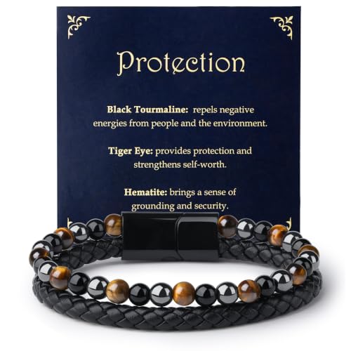 XIANNVXI Mens Tiger's Eye Beads Black Leather Bracelet Gift - color: Yellow, Gray, Black