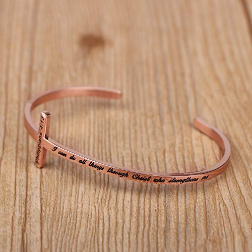 Memgift 𝐂𝐫𝐨𝐬𝐬 𝐁𝐫𝐚𝐜𝐞𝐥𝐞𝐭 Religious Cuff Bangle 𝐁𝐢𝐛𝐥𝐞 𝐕𝐞𝐫𝐬𝐞 Christian Gifts Jewelry for 𝐖𝐨𝐦𝐞𝐧 - style: Rose gold-I can do all things through Christ who strengthens me -Philippians 4:13