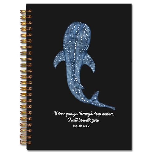 JINYO Whale Shark Christian Notebook for Women Men, Isaiah 43:2 Bible Journaling Notebook, Religious Prayer Journal for Woman, Church Notes Journal, Scripture Spiral Notebooks 5.5x8.3 Inch(black) - color: white Christian Notebook-1