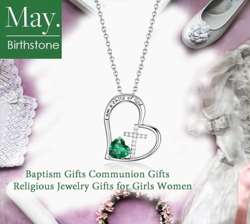 Birthstone Cross Necklace for Girls, Child of God Cross Gifts Jewelry - color: 05. May, style: 01. Silver