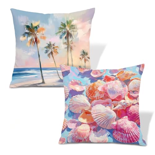 Coastal Beach Seashell Palm Tree Throw Pillow Covers 18x18 Set of 2 - color: Colour -Ee