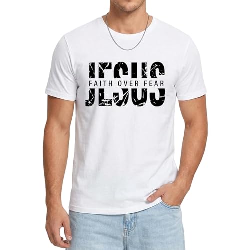 Christian Shirts Men Jesus Faith Over Fear Tshirt Inspirational Bible Tees - color: White-faith, size: Small