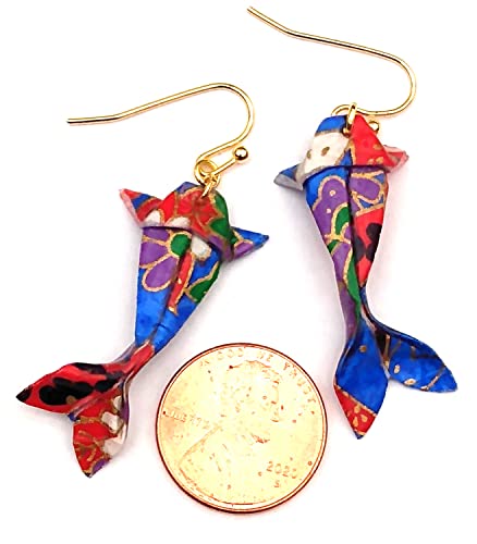 Paper Origami Koi Fish Earrings, 6 Color Patterns - color: Blue Red Purple
