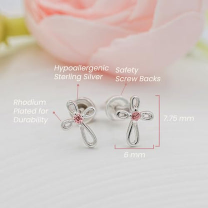 Cherished Moments Cross Earrings, .925 Sterling Silver or 14k Gold-Plated - color: SM Silver Pink