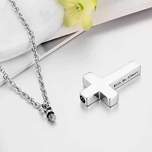 Cremation Cross Necklace for Ashes Stainless Steel Cross Urn Pendant Ashes Holder Memorial Jewelry-With Me Always - style: With me always-Silver