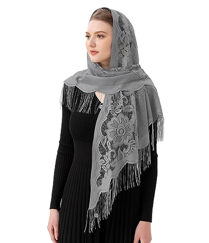 PAMOR Triangle Catholic Church Veil Chapel Veil Scarf Mantilla Veils Wrap Shawl Mass Head Covering with Fringe Trim - color: Gray