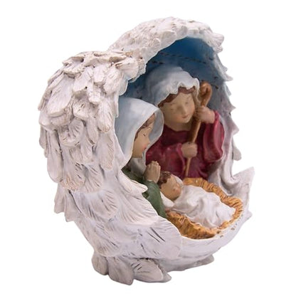 Wowser Nativity Scene Figurine with Angel Wings, Holy Family Christmas Decoration, Mary Joseph Baby Jesus Statue, Religious Holiday Tabletop Decor, 6.5 Inch Resin Keepsake Gift