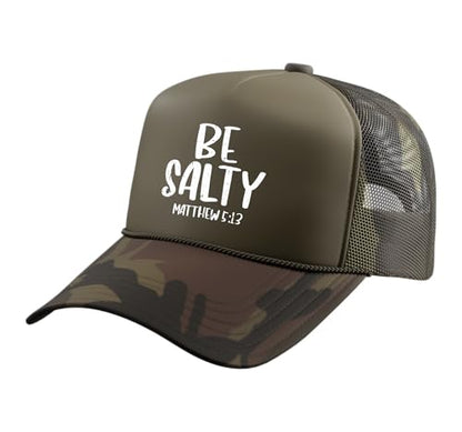Be Salty Matthew 5:13 Bible Verse God Jesus Faith Christian Trucker Hat with Adjustable Mesh Back - color: Camo Green