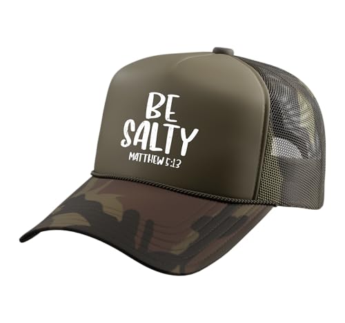 Be Salty Matthew 5:13 Bible Verse God Jesus Faith Christian Trucker Hat with Adjustable Mesh Back - color: Camo Green