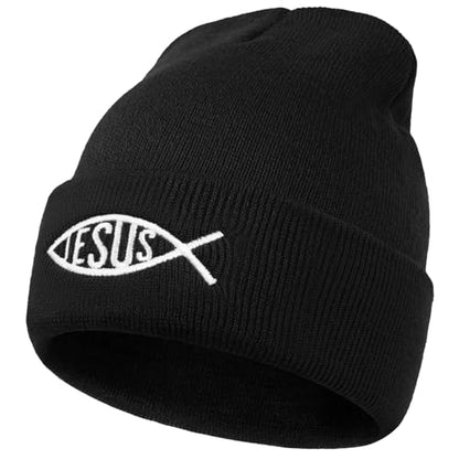 Christian Jesus Fish Beanie Hat for Men Women, Cuffed Beanie Jesus Hats, Religious Gifts for Christmas, New Years - color: Black, style: Jesus Fish