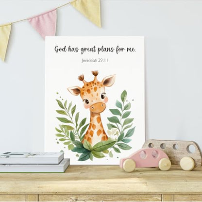 SZERE Woodland Nursery Animals Bible Verse Canvas Wall Art Decor Prints Posters, Cute Baby Giraffe Forest Nursery Room Bedroom Bathroom Playroom Wall Art Decor for Nursery Kids Teen Girls Gifts, Christian Psalm 91 Wall Art Classroom Wall Decor, Canvas Fra