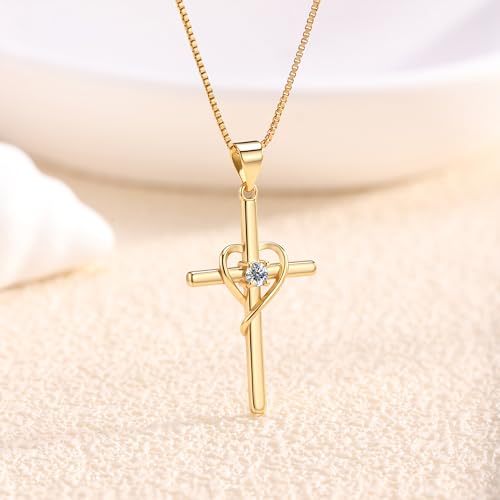 Cross Heart Necklace, 18K Gold Plated Crystal Pendant for Women - color: Yellow