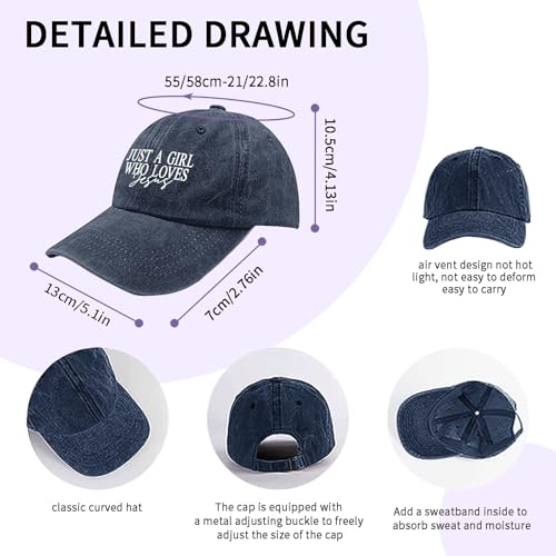JUSTS A Girls WHO Loves Jesus Hats for Women Aesthetic Washed Distressed - color: Navy Blue