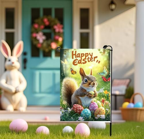 Happy Easter Squirrel Garden Flags 12x18 Double Sided Outside Yard Flags - color: Easter