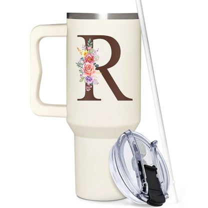 Personalized Gifts for Women, Customized Mother's Day, Birthday, Xmas Gift For Grandma, Mom, Wife, Friends, Sisters, Coworkers, Monogrammed Tumbler 40oz with Lid and Straw - color: R