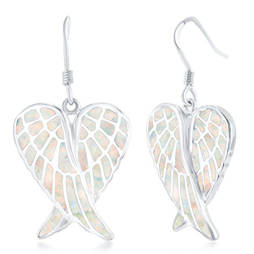 Sterling Silver/Rose Tone/Created Blue/White or Pink Opal/Oxidized Heart Angel Wings Earrings - color: Created White Opal