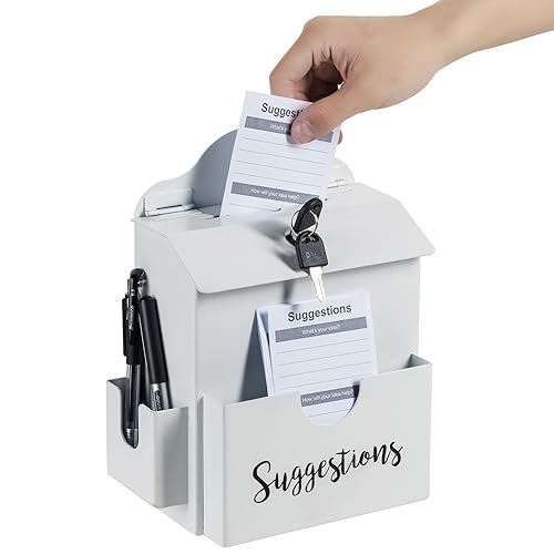 MyGift Suggestion Box with Cursive Suggestions Lettering, Wall Mounted or Tabletop Ballot Comment Box with Lock, Keys, Paper Sheet and Pen Holder Slots, White Metal - color: White