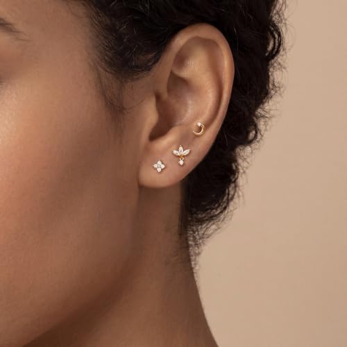 Flat Back Earrings - 14K Gold Plated Tiny CZ Butterfly Cross Moon Flat Back Stud Earrings Dainty Cartilage Earring Set Hypoallergenic Helix Earrings for Women Trendy Tragus Piercing Jewelry - color: Gold-Set3