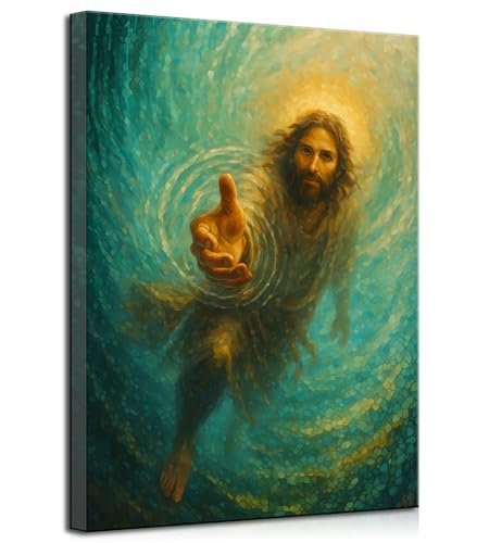 Christian Hand of God's Canvas Wall Art Jesus Reaching Out in Water Bible Story Paintings Picture Wall Decor Poster Print Artwork for Office Bedroom Church Home Decoration - color: Hand of God, size: 16"L x 12"W