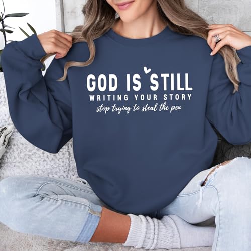 PAIEXILY Christian Crewneck Sweatshirts for Women God Faith Bible Verse Pullover Jesus Religious Long Sleeve Shirts Tops - color: Gray Blue, size: Large