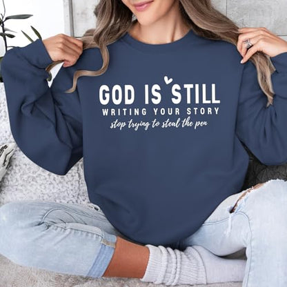 PAIEXILY Christian Crewneck Sweatshirts for Women God Faith Bible Verse Pullover Jesus Religious Long Sleeve Shirts Tops - color: Gray Blue, size: X-Large