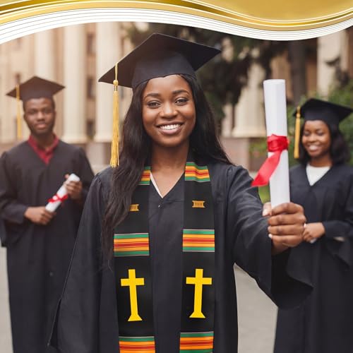 Geyoga Graduation Stole Kente Stole Black Authentic African Art 72" x 4.8" for Adult College Unisex Grads Celebrate - style: Christian Cross