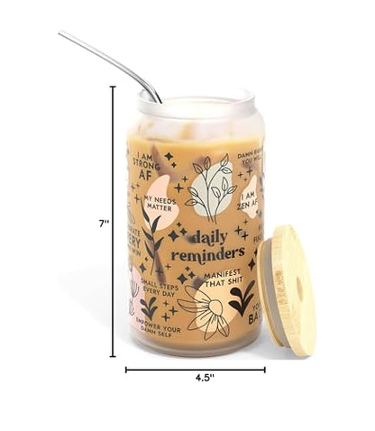 Daily Affirmation Iced Coffee Cup [Frosted], Glass Cups with Bamboo Lids and Straws | 16 oz Mason Jar Drinking Glasses & Boba Cup | Glass Tumbler with Straw and Lid Mental Health [Vulgar Edition] - color: Affirmation (Vulgar)