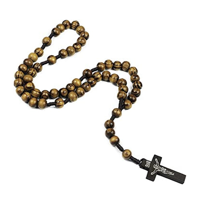 COLORFUL BLING Natural Wooden Catholic Rosaries Wood Crucifix Prayer Beads Pendant Necklace Prayer Jesus Religious Cross Rosary Necklace Handmade Jewelry - color: dark textured