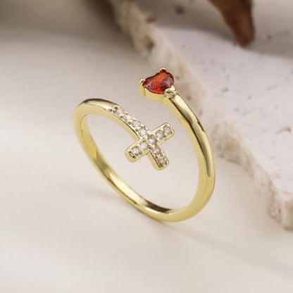 14K Gold Plated CZ Cross Heart Ring Eternity Promise Jewelry for Her - style: Orange Red Stone