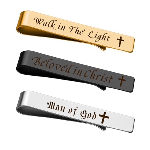 Man Of God Tie Clips 3 Set - Godfather Godson Christmas Engraved Gifts for Men Son Husband Dad Birthday Gifts from Wife - style: encouraging B set