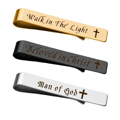 Man Of God Tie Clips 3 Set - Godfather Godson Christmas Engraved Gifts for Men Son Husband Dad Birthday Gifts from Wife - style: encouraging B set