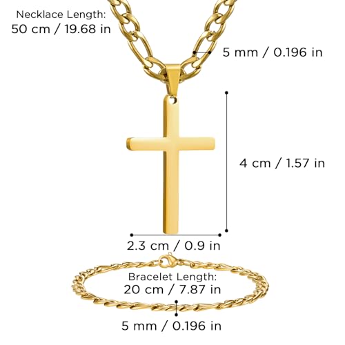 NORBU Stainless Steel Cross Necklace and Bracelet Set for Men, Cuban Link - color: Gold Figaro