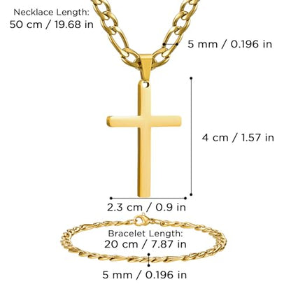 NORBU Stainless Steel Cross Necklace and Bracelet Set for Men, Cuban Link - color: Gold Figaro