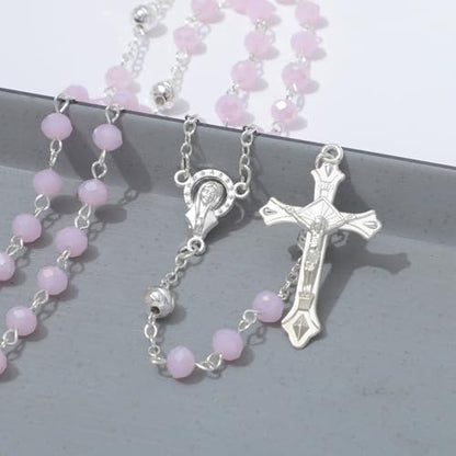 KOMI Crystal Rosary Beads with Jesus Crucifix, Catholic Necklace for Women First Communion Rosarios Wedding Rosary with Velvet Bag - style: 6MM-pink