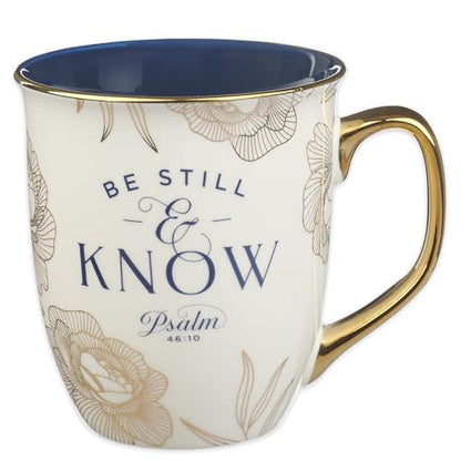 Christian Art Gifts Novelty Large Ceramic Scripture Coffee Mug for Women - color: White & Navy Blue/Be Still