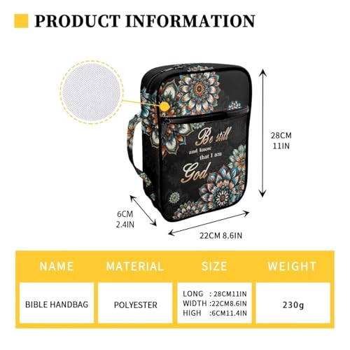 Suobstales Boho Mandala Print Bible Cover Carrying Book Case for Women Men Be Still and Know That I am God Lightweight Bible Bag Bible Protective with Handle and Zippered Pocket - color: Boho Mandala - Be Still and Know That I Am God