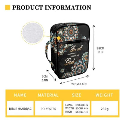 Suobstales Boho Mandala Print Bible Cover Carrying Book Case for Women Men Be Still and Know That I am God Lightweight Bible Bag Bible Protective with Handle and Zippered Pocket - color: Boho Mandala - Be Still and Know That I Am God