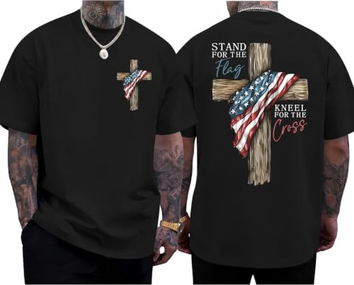 Christian Patriotic Faith Shirts, Stand for The Flag Kneel for The Cross Shirt Men Women Graphic Short Sleeve T-Shirt Tee - color: Black, size: Small