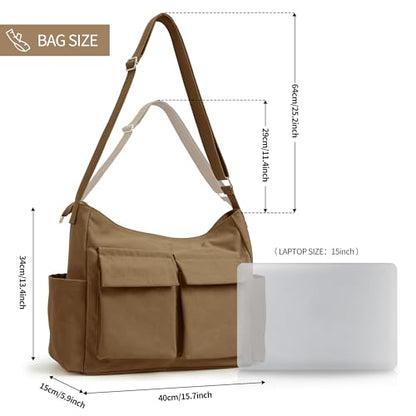 KALIDI Canvas Tote Bag Zipper Large Crossbody Shoulder Bag Messenger Bag - color: Upgraded Brown