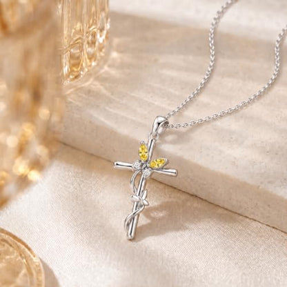Distance Cross Necklace for Women 925 Sterling Silver Jewelry Pendant Necklace for Mom Wife Gift for Mother's Day or Birthday - style: 11-Yellow Topaz