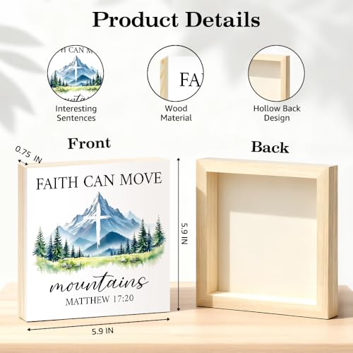 TOUNER Faith Can Move Mountains Wood Box Sign, Inspirational Matthew 17:20 Bible Verse Wood Desk Decor, Christmas Birthday Thanksgiving Religious Faith Table Display Gifts for Grandma Mom Aunt BFF - color: multicolored022