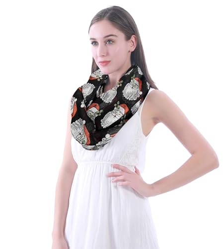 Lina & Lily Holiday Christmas Pattern Print Women's Infinity Scarf Lightweight - color: Black, Xmas Santa Claus Holly Leaf