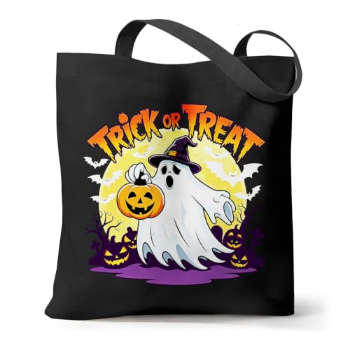 Canvas Tote Bag with Zipper, Halloween Trick or Treat Bags for Kids Bulk - color: [A0] Halloween - Black