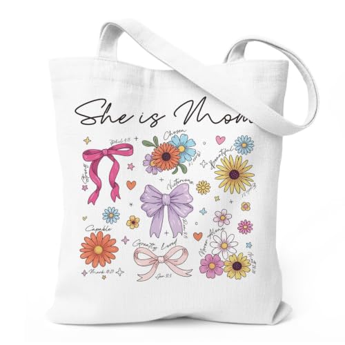 Christian Mom Tote Bag, Floral Bow Canvas Handbag for Women, Inspirational Bible Verse Gift, Reusable Shoulder Carryall, Durable Shopping Work Church Travel Bag, Mothers Day Gifts, 13.7 x 15.7 In